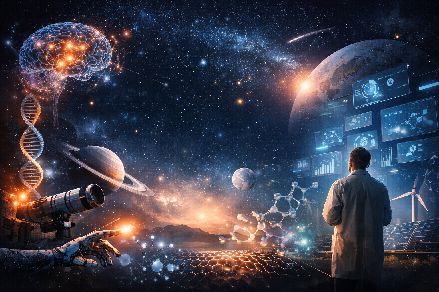 Illustration der wichtigsten wissenschaftlichen Durchbrüche 2025: Gehirn, DNA, Künstliche Intelligenz, Weltraum und neue Technologien